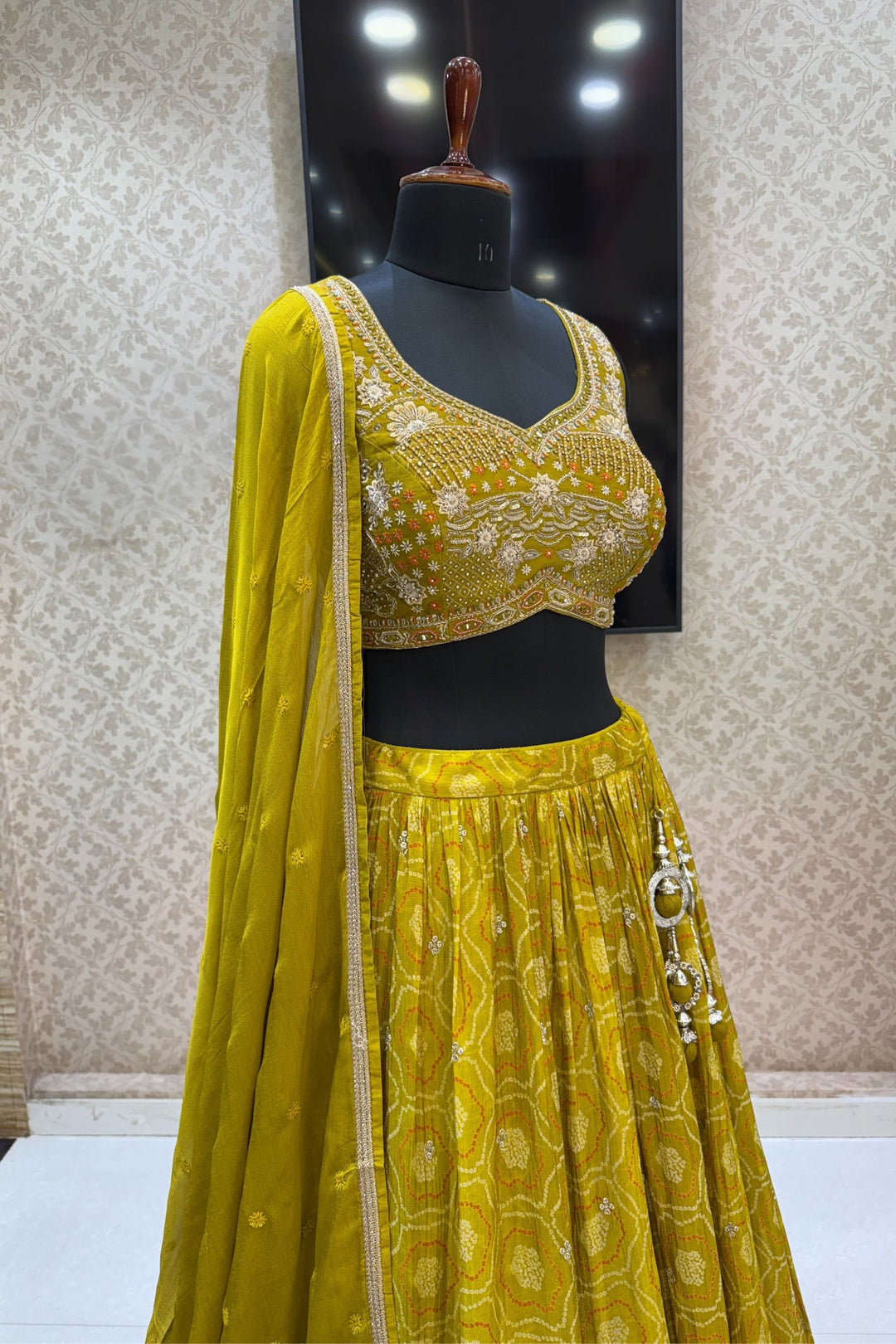 Liril Green Stone, Zardozi, Sequins and Mirror work with Bandini Print Crop Top Lehenga