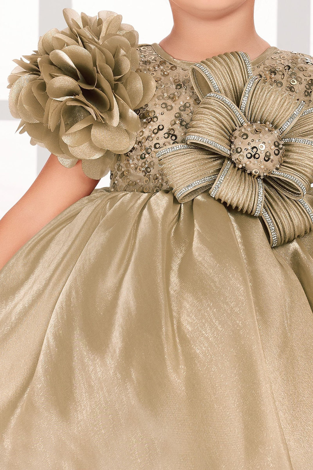 Gold Stone and Sequins work Short Partywear Frock for Girls