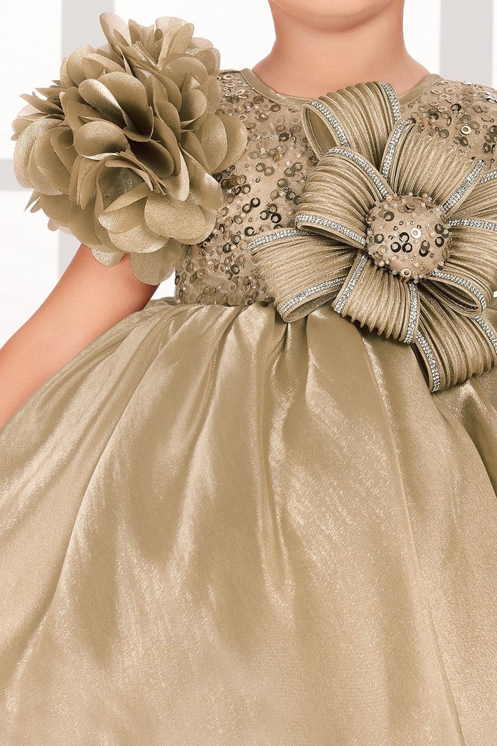 Gold Stone and Sequins work Short Partywear Frock for Girls