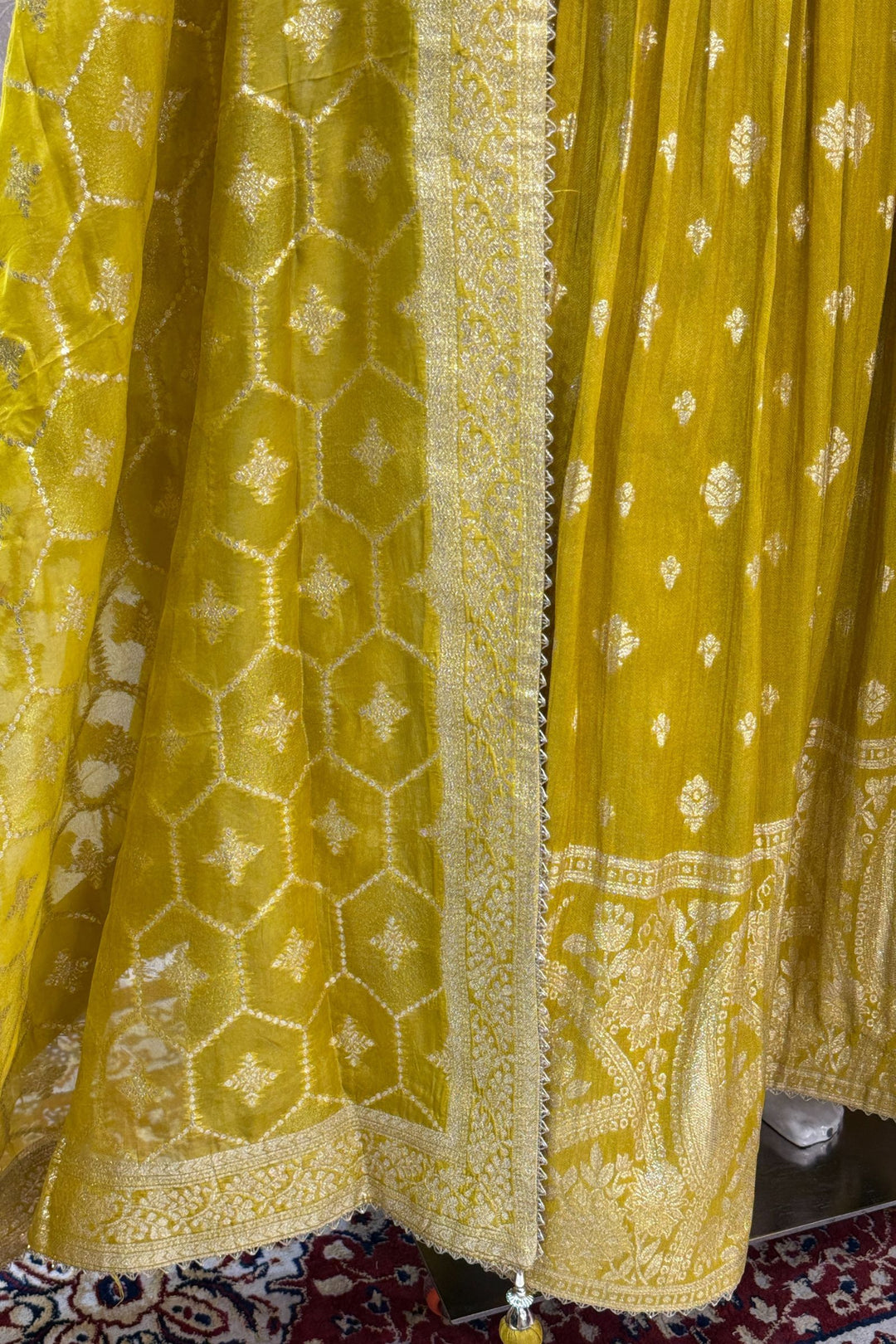 Yellow Mirror, Stone, Sequins, Zari, Beads and Banaras work Top with Lehenga