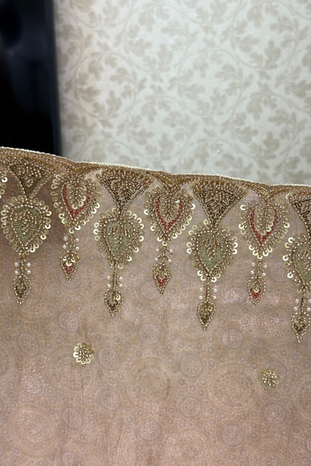 Mustard Pearls, Beads and Multicolor Thread work with Self Print Saree