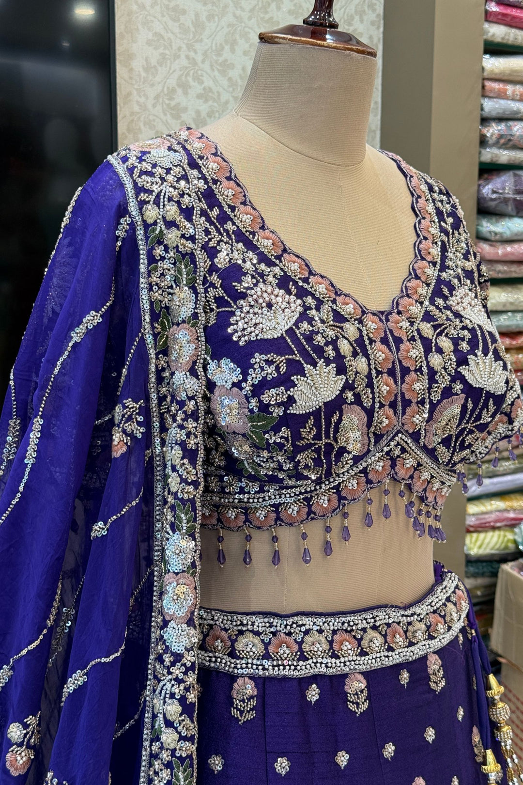 Purple Bridal Lehenga Set with Intricate Zari, Sequins, Beads and Floral Embroidery