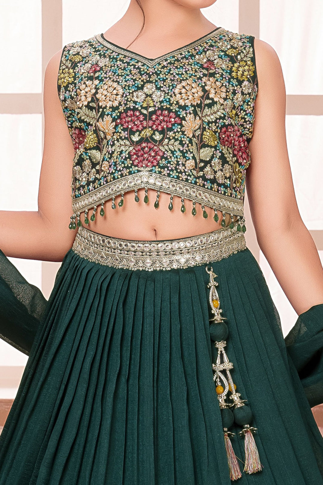 Bottle Green Multicolor Embroidery, Stone, Sequins and Beads work Lehenga Choli for Girls