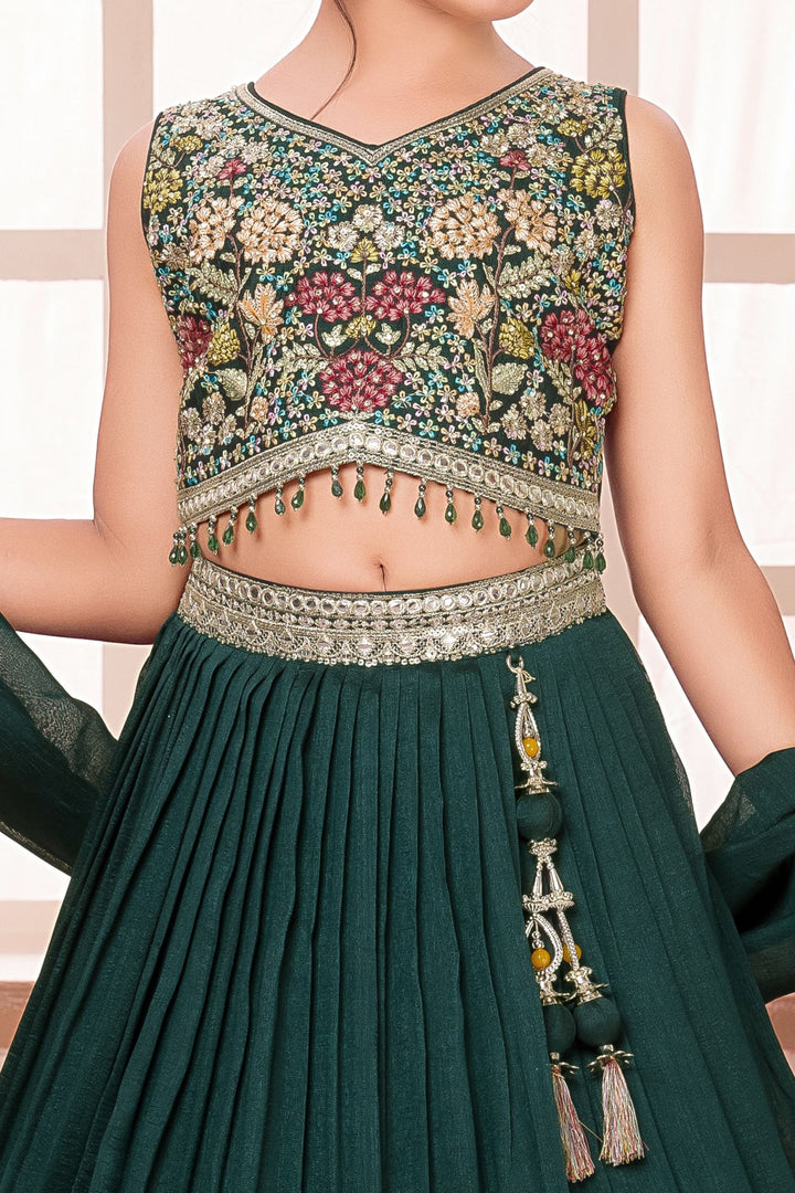 Bottle Green Multicolor Embroidery, Stone, Sequins and Beads work Lehenga Choli for Girls