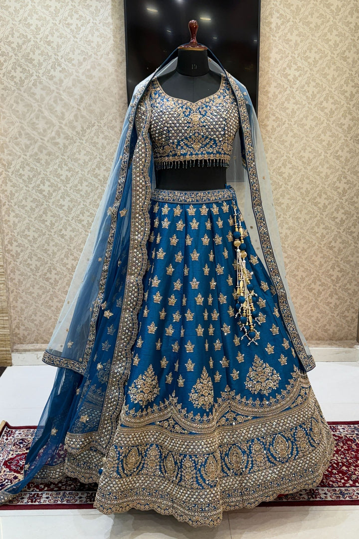 Teal Blue Beads, Zari, Zardozi and Sequins work Crop Top Designer Bridal Lehenga with Belt