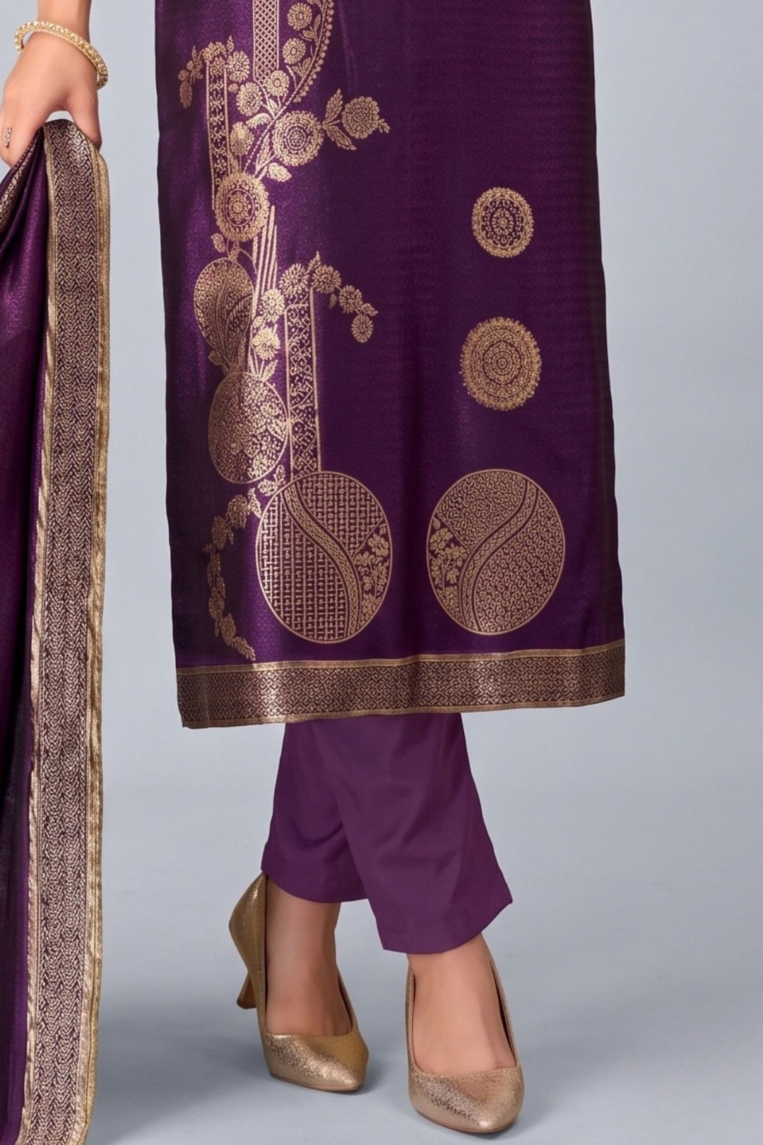 Purple Zardozi, Stone, Mirror, Zari and Banaras work Straight Cut Salwar Suit