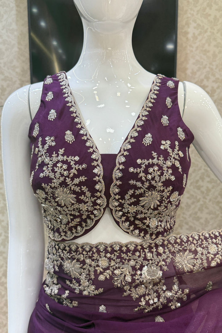 Purple Zari and Sequins work Saree