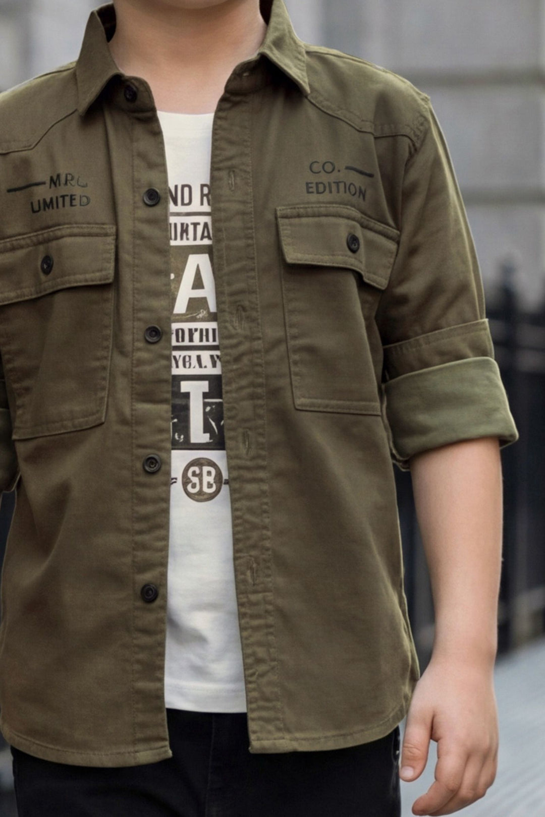 Green Blazer, Printed T-Shirt and Black Pant Set for Boys