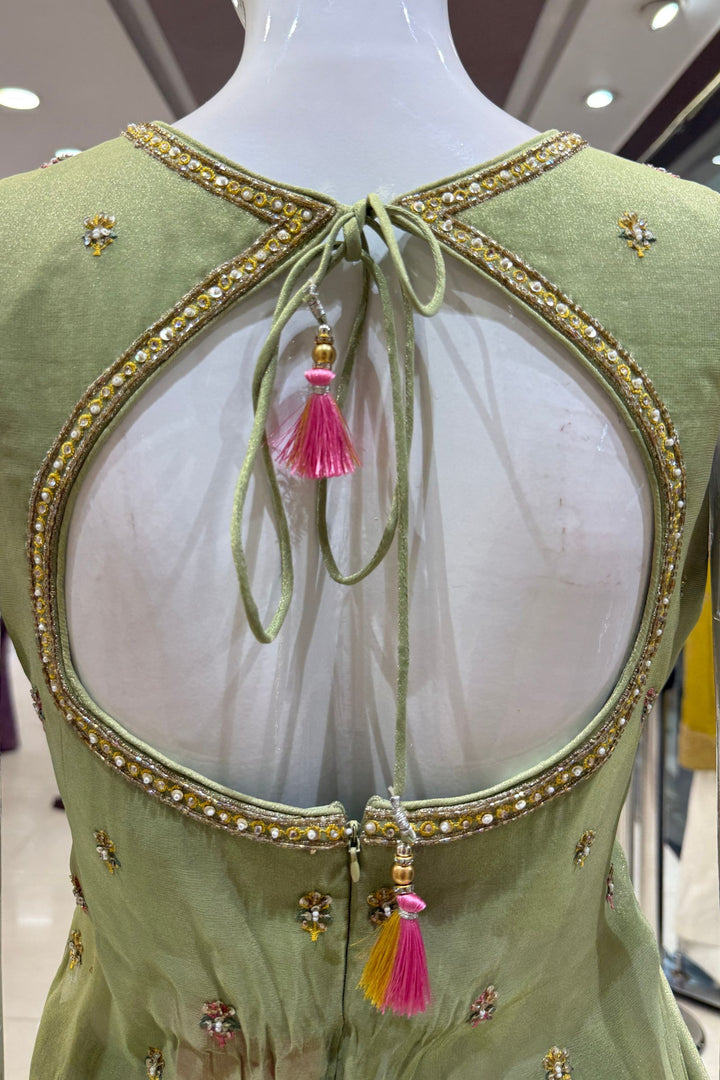 Pista Green Palazzo Salwar Suit with Beads, Sequins, Stone, Thread and Zardozi Detailing