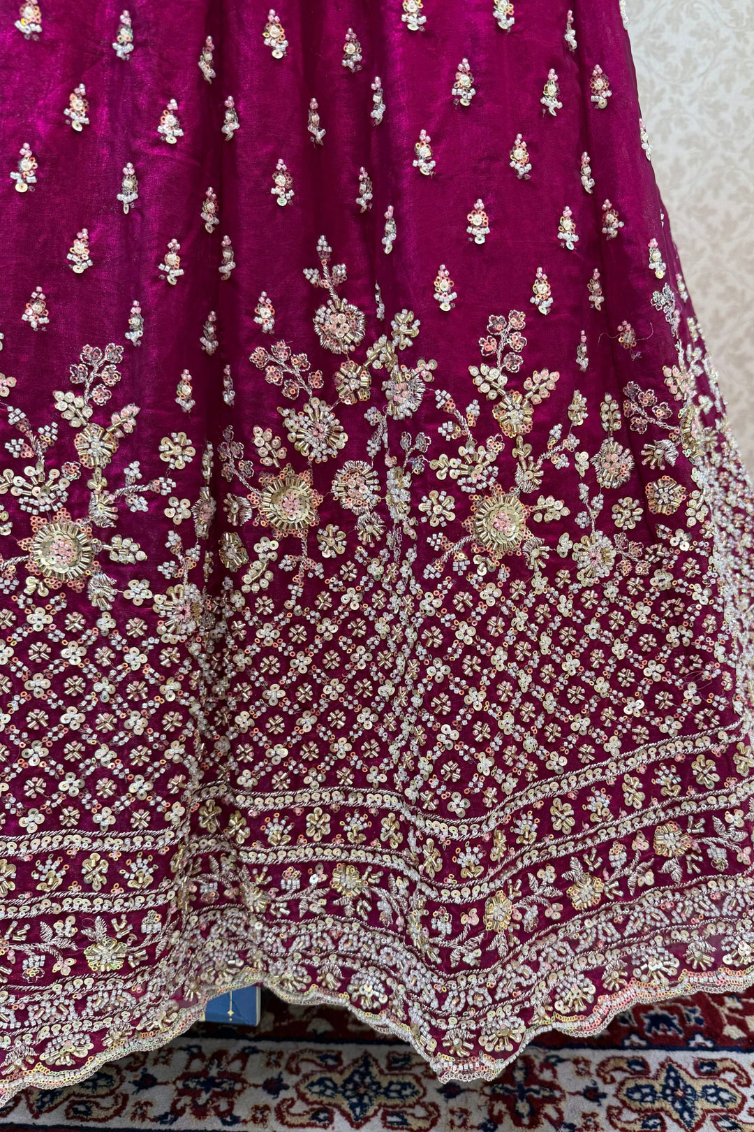 Magenta Beads, Zari and Sequins work Crop Top Bridal Lehenga