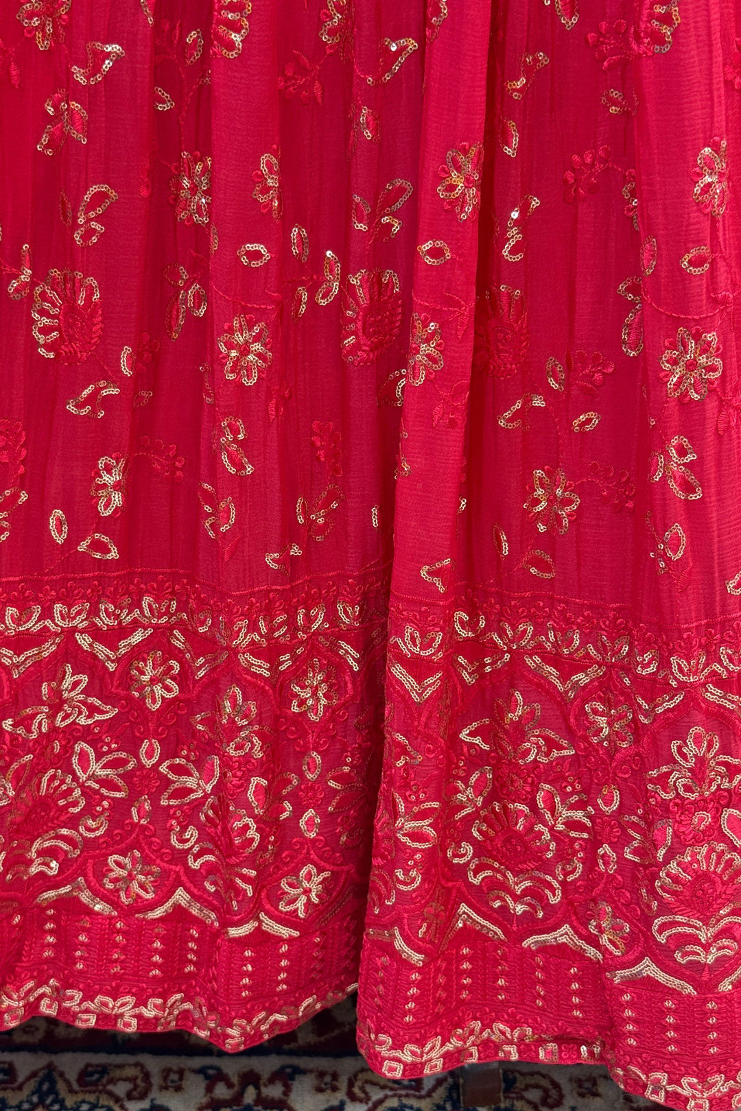 Rani Pink Zardozi, Beads, Mirror, Stone, Zari and Beads work Peplum Style Lehenga