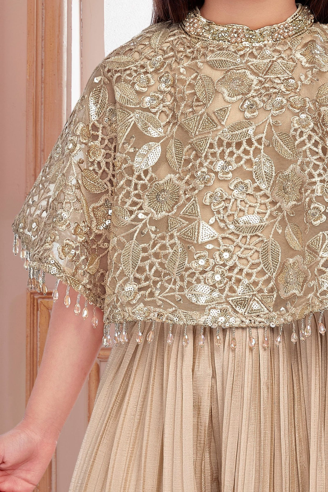 Fawn Embroidery, Beads and Sequins work Poncho Styled Palazzo Set for Girls