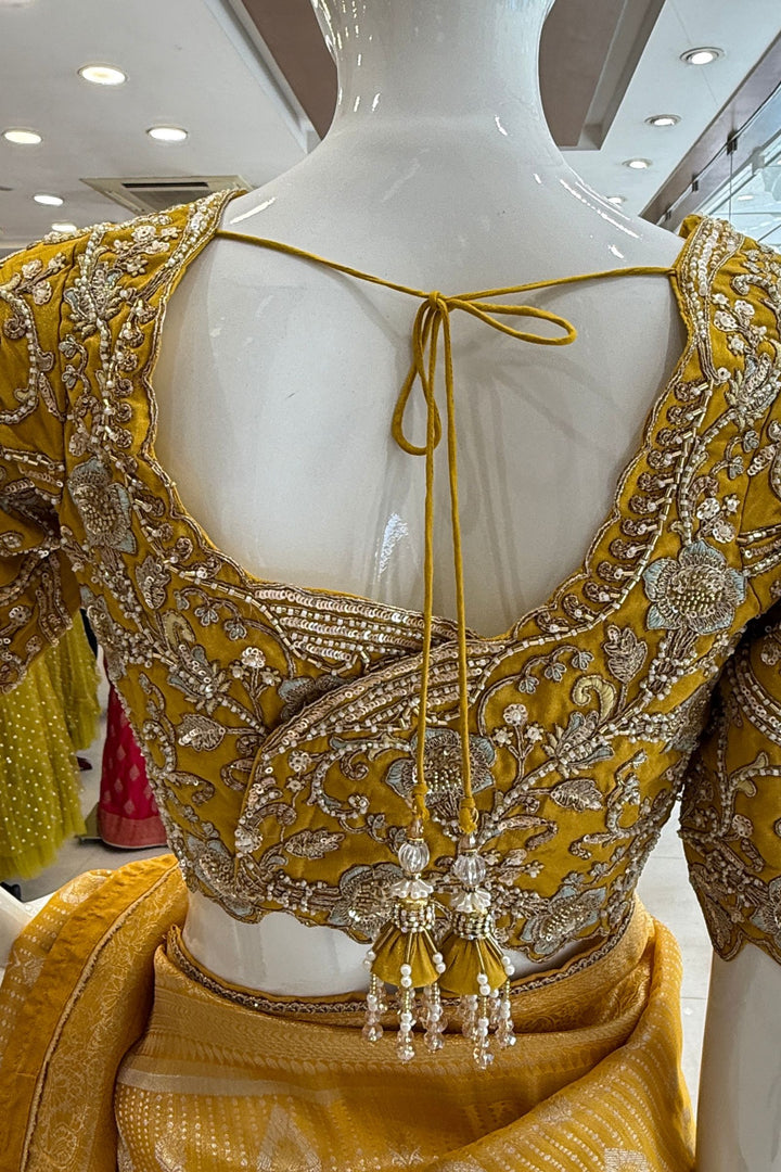 Yellow Zari work Saree with Pearl, Zardozi, Beads and Sequins work Readymade Blouse