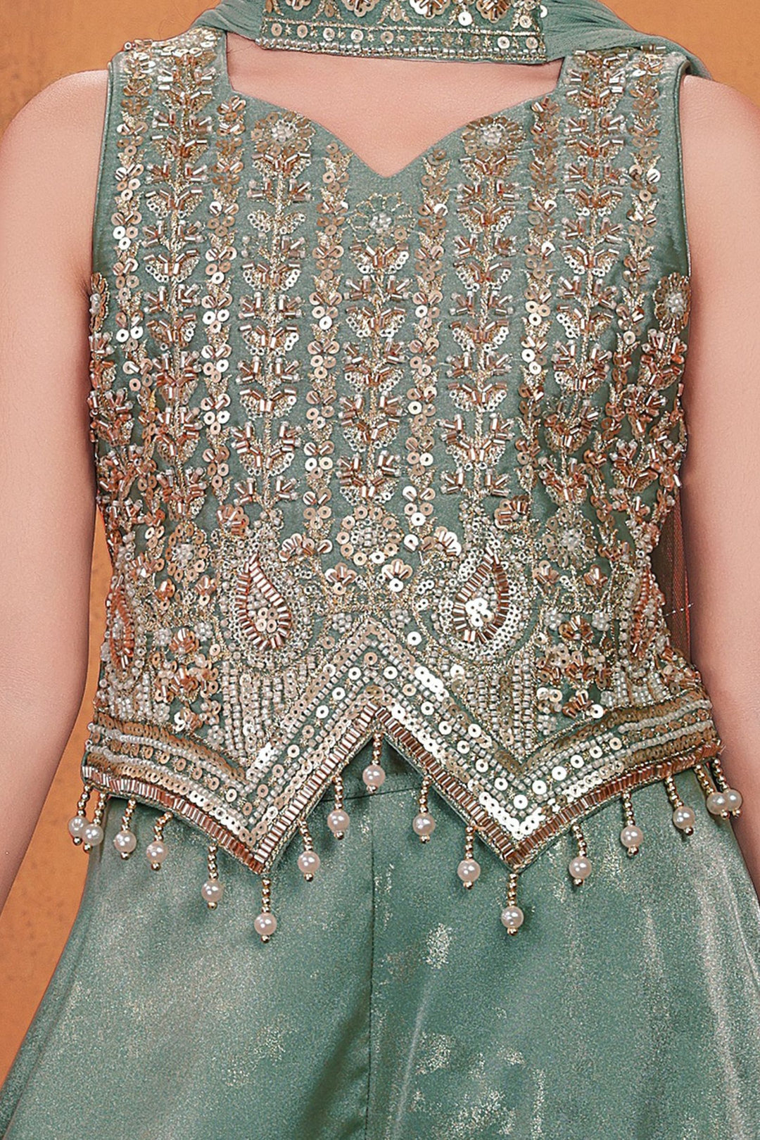 Sea Green Beads, Sequins and Zari work Palazzo Suit Set for Girls