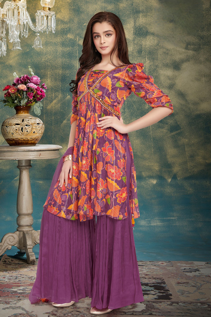 Magenta Digital Print, Mirror and Stone work Alia Cut Peplum Top and Sharara Set for Girls