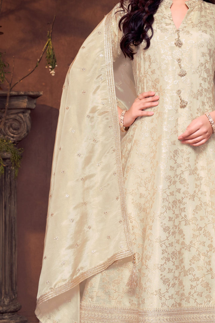 Cream Zari, Stone and Sequins work Anarkali Style Salwar