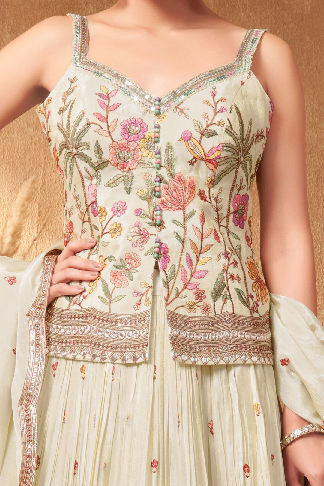 Cream Multicolor Embroidery, Sequins, Zari and Zardozi work Peplum Style Lehenga