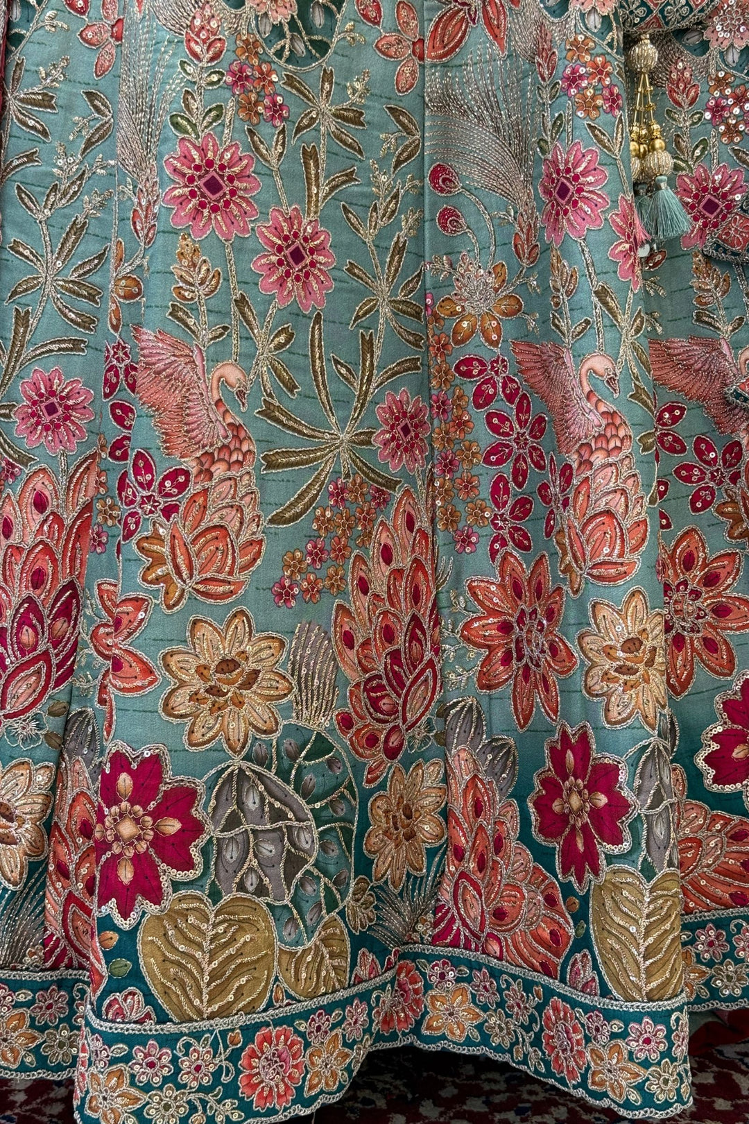Sea Green Zardozi, Sequins, Beads, Thread and Zari work with Halter Neck Lehenga
