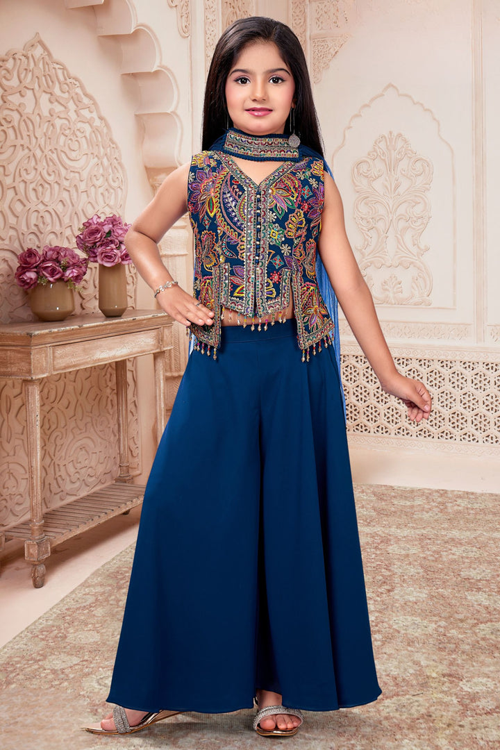 Teal Blue Multicolor Embroidery, Sequins and Zari work Palazzo Suit Set for Girls