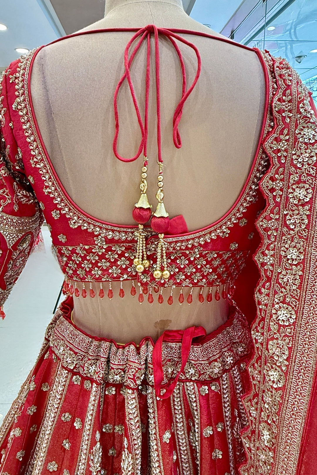 Coral Red Handworked Zardozi, Sequins, Pearl and Beads work Crop Top Designer Bridal Lehenga