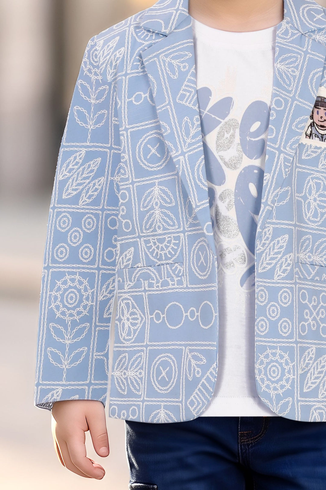 Sky Blue with Dark Blue Blazer, Printed T-Shirt and Pant Set for Boys