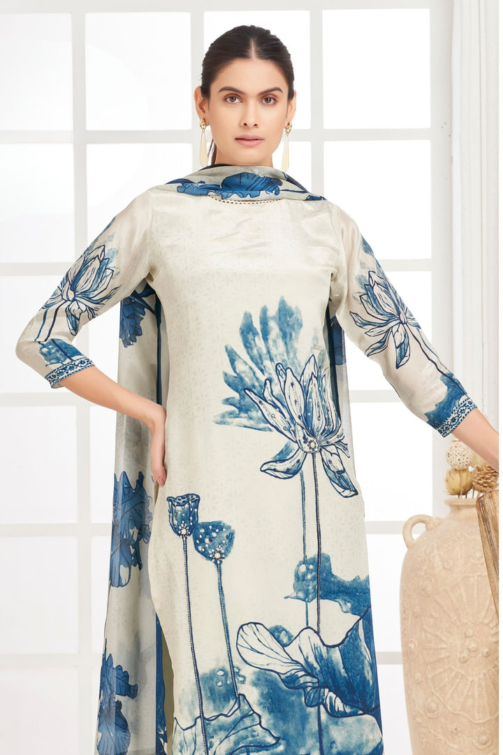 Beige with Blue Floral Print, Beads, Mirror and Sequins work Straight Cut Salwar Suit