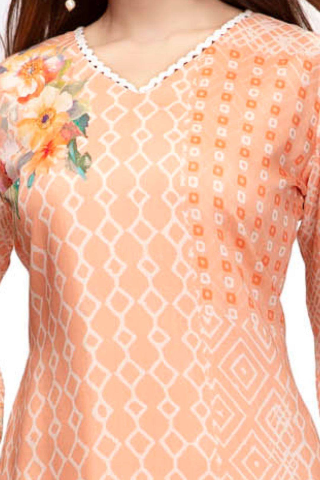 Peach Floral Printed Kurta with Geometric Pattern