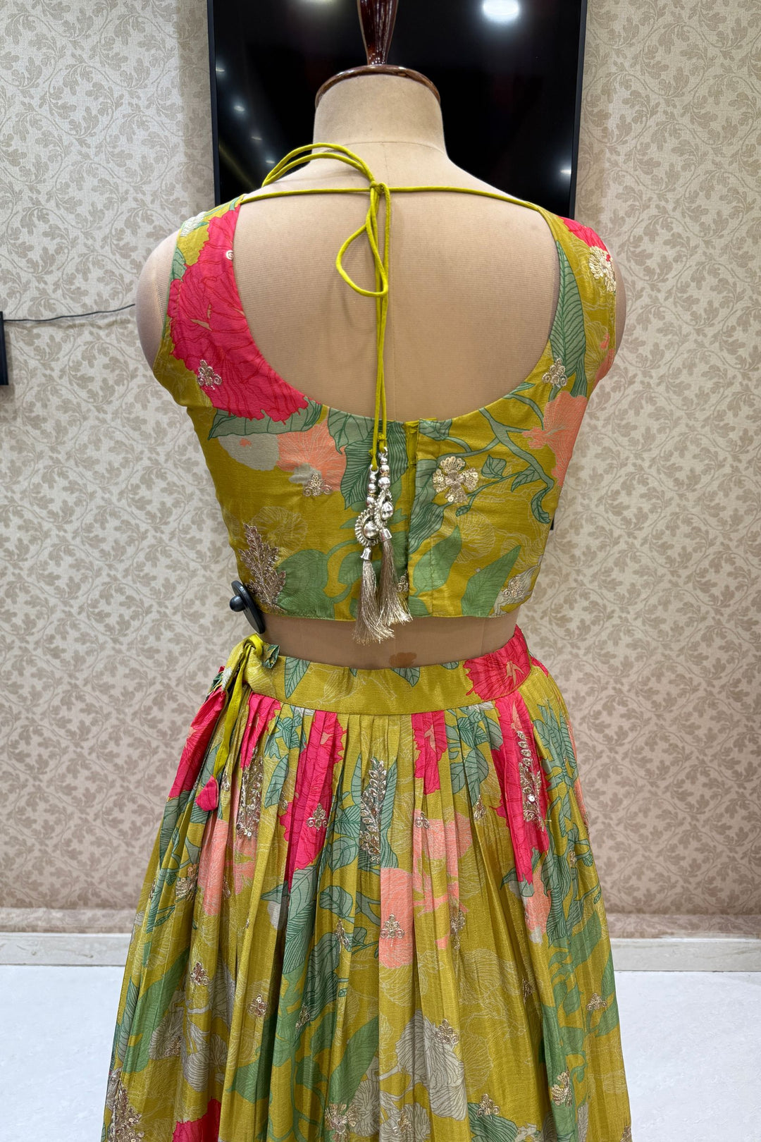 Liril Green Sequins and Zari work with Multicolor Digital Print Crop Top Lehenga