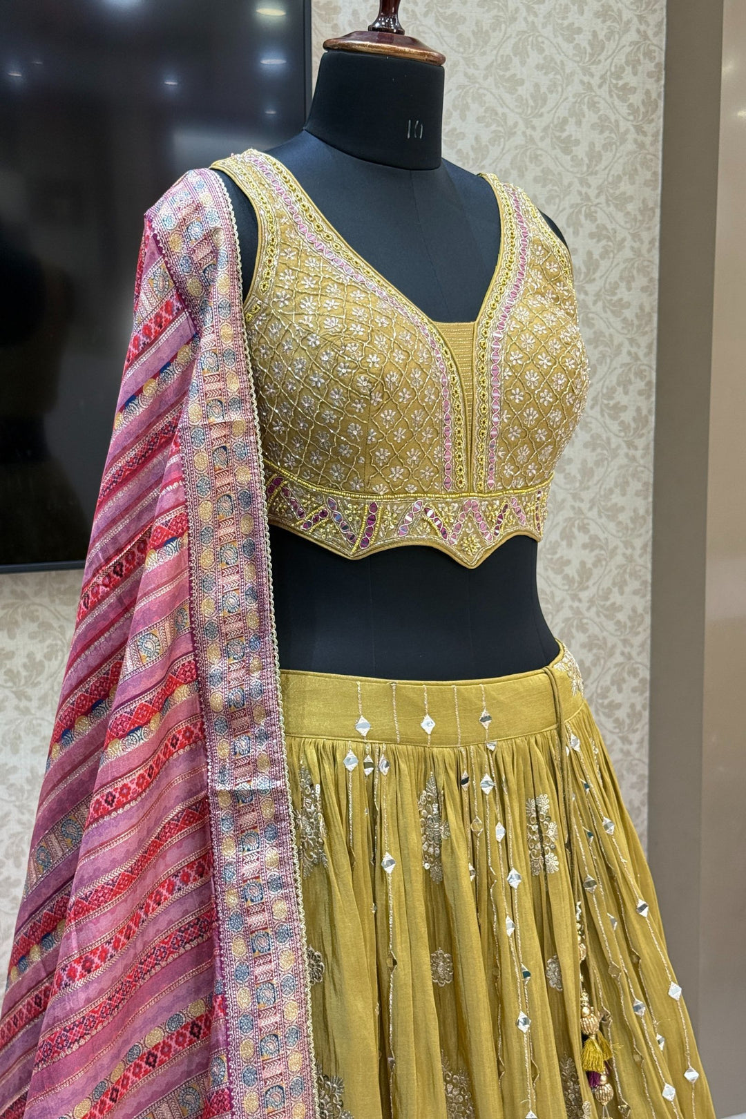 Olive Green Mirror, Beads, Zardozi and Sequins work Crop Top Lehenga