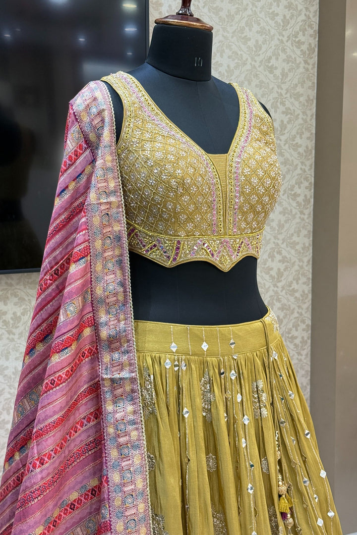 Olive Green Mirror, Beads, Zardozi and Sequins work Crop Top Lehenga