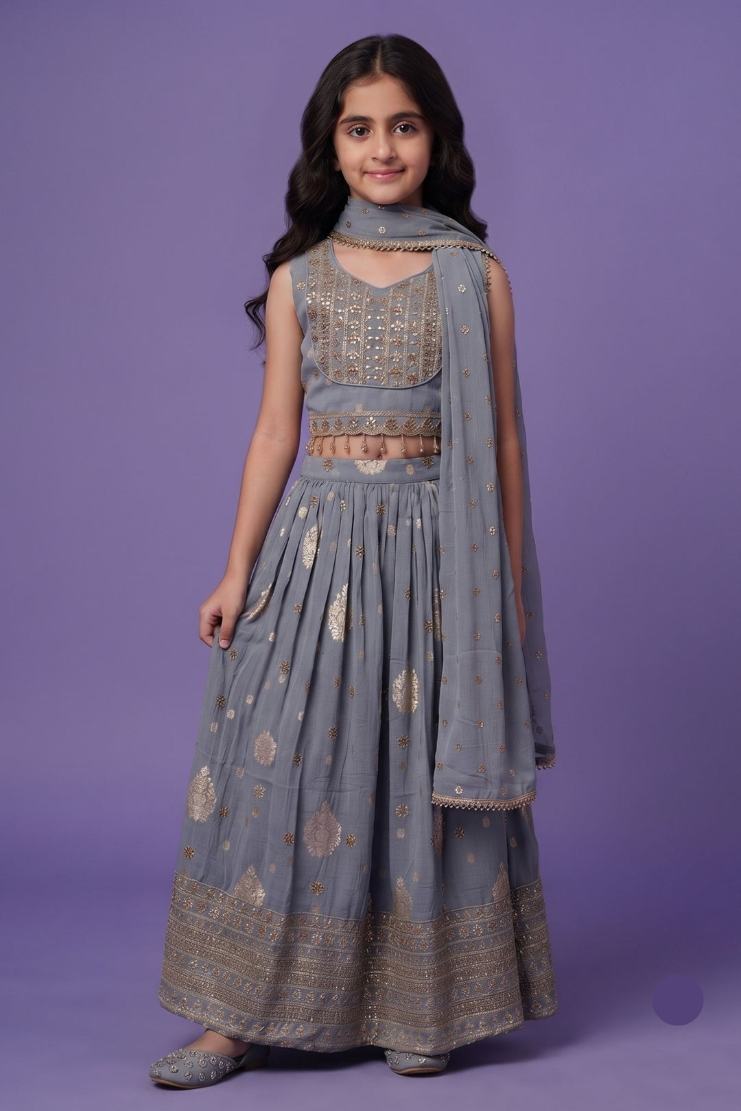 Light Grey Beads, Zari and Sequins work Lehenga Choli for Girls