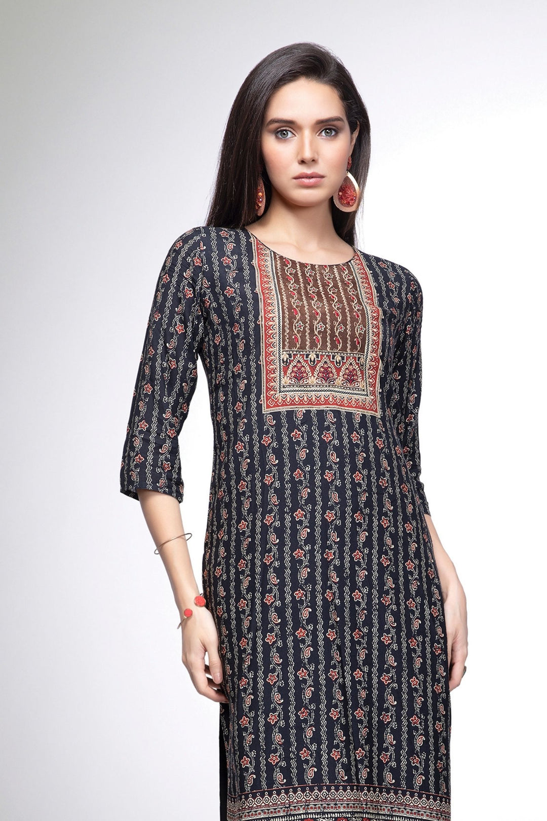 Black with Brown Digital Print, Zari and Thread work Calf Length Kurti