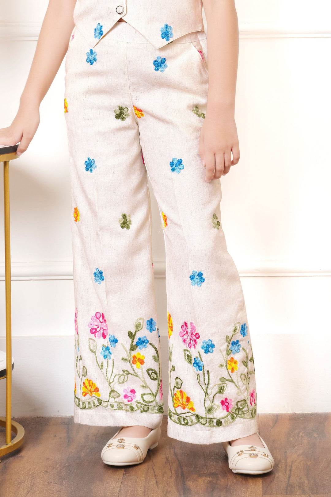Cream Multicolor Embroidery work Co-ord Set for Girls