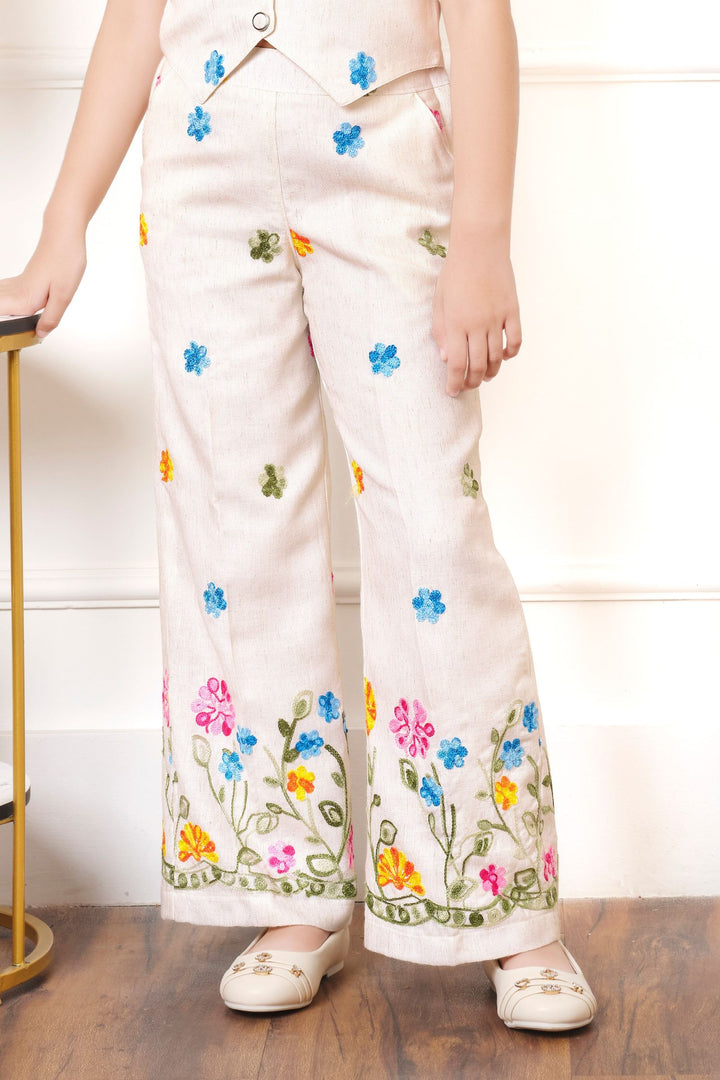 Cream Multicolor Embroidery work Co-ord Set for Girls