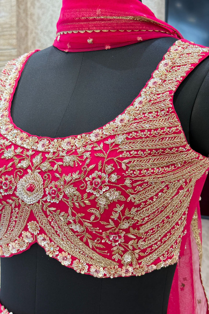 Rani Pink Sequins, Beads, Mirror, Zardozi and Zari work Crop Top Lehenga