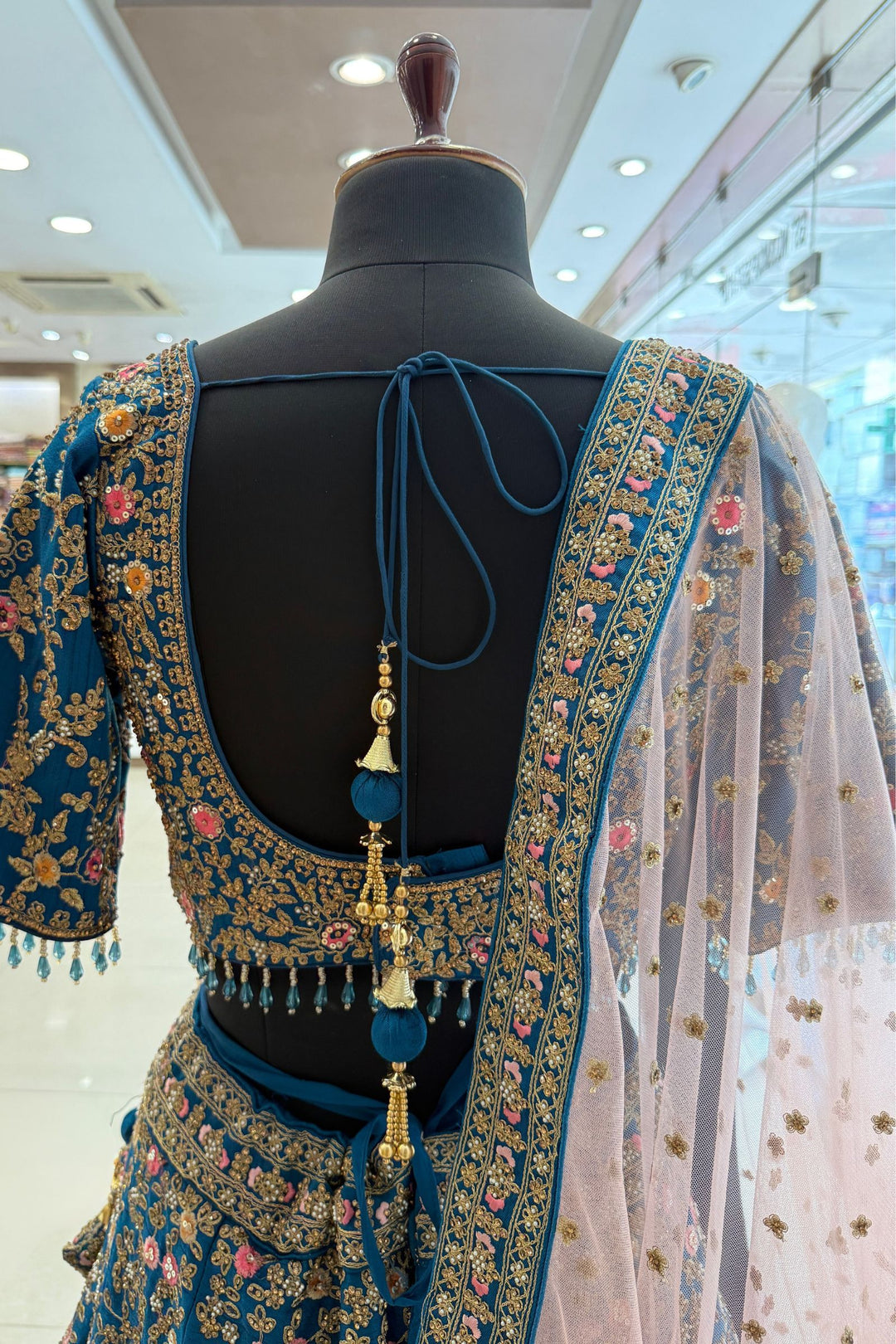 Rama Blue Bridal Lehenga with Pink Dupatta and Stone, Pearl and Zari work work