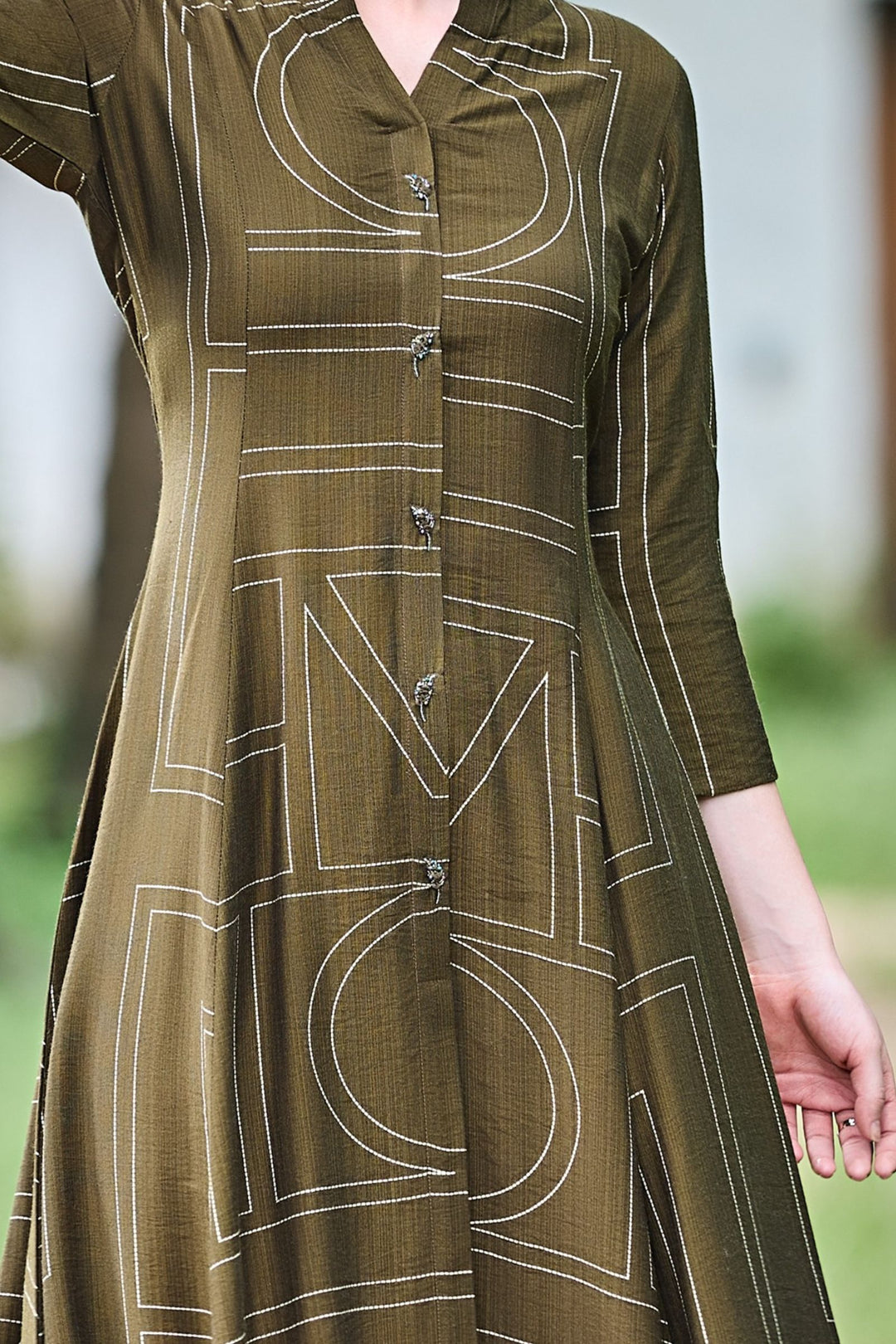 Mehendi Green Beads work with Printed Anarkali Styled Long Kurti