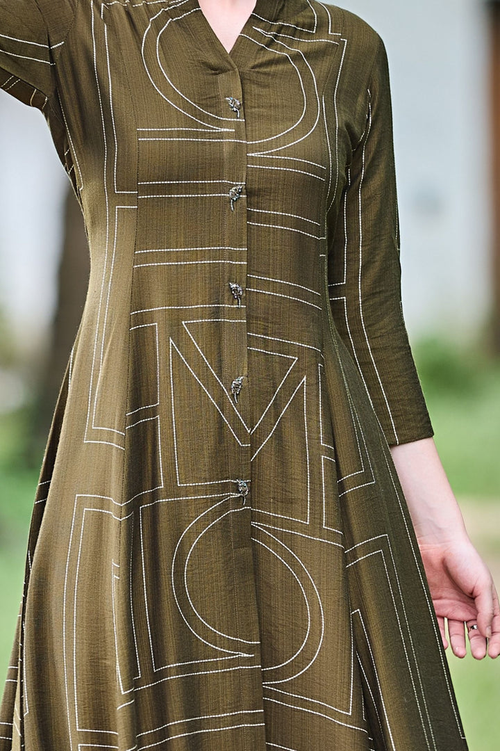 Mehendi Green Beads work with Printed Anarkali Styled Long Kurti