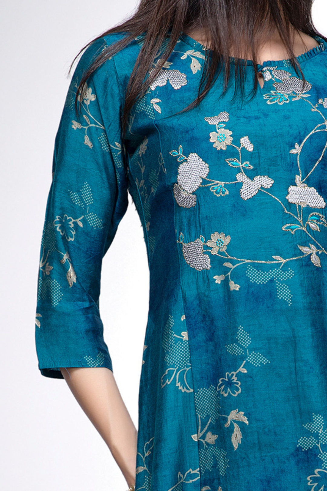Rama Blue Embroidery and Zari work with Digital Print Aline Cut Calf Length Kurti