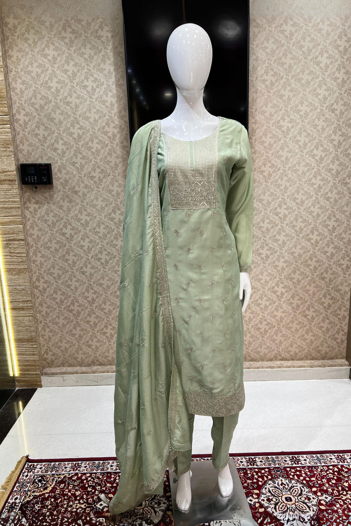 Pista Green Zari, Thread and Sequins work Straight Cut Salwar Suit