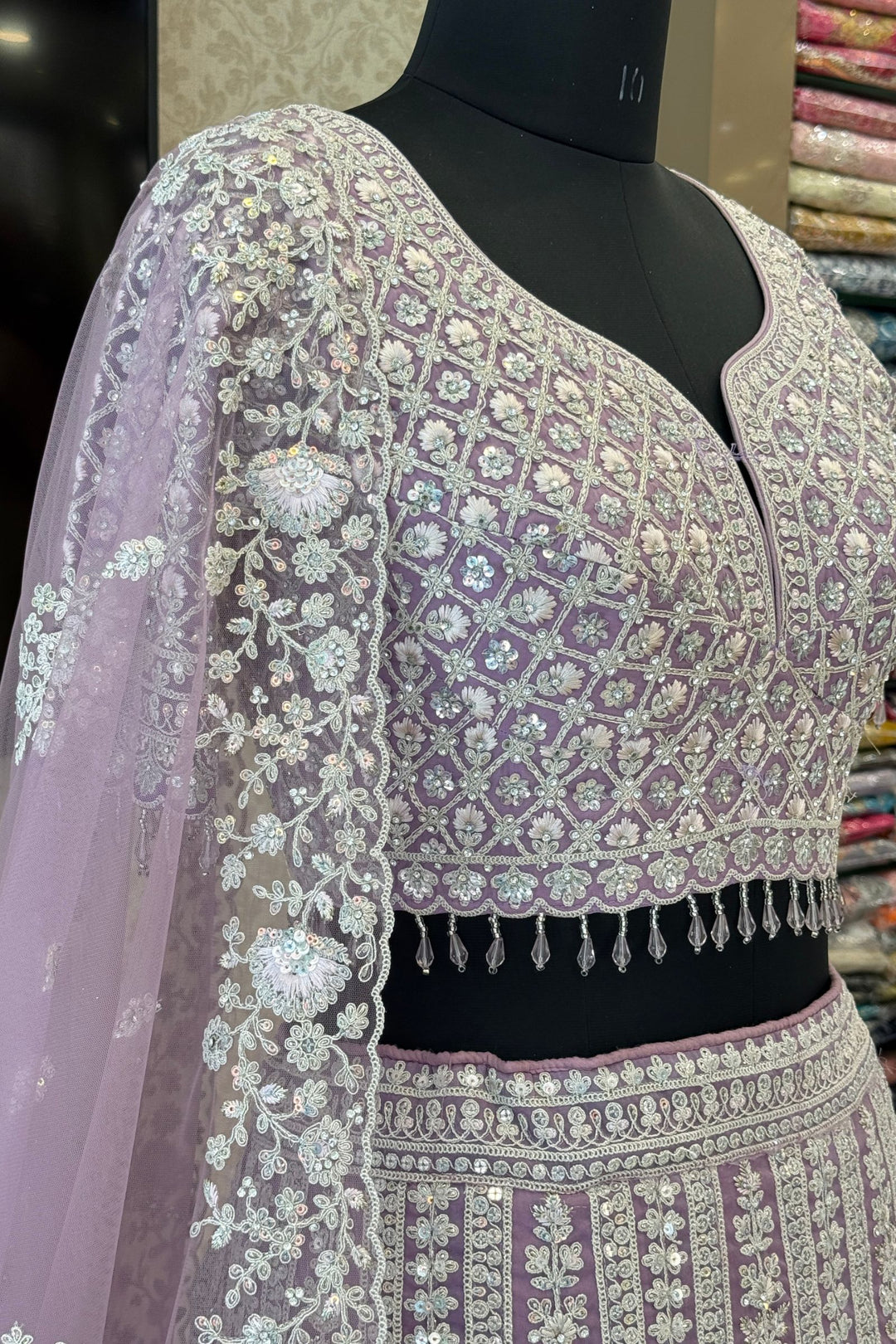 Lavender Wedding Lehenga with Intricate Zardozi, Sequins, Beads and Floral Embroidery