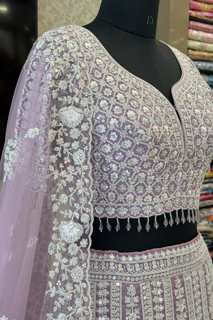 Lavender Wedding Lehenga with Intricate Zardozi, Sequins, Beads and Floral Embroidery