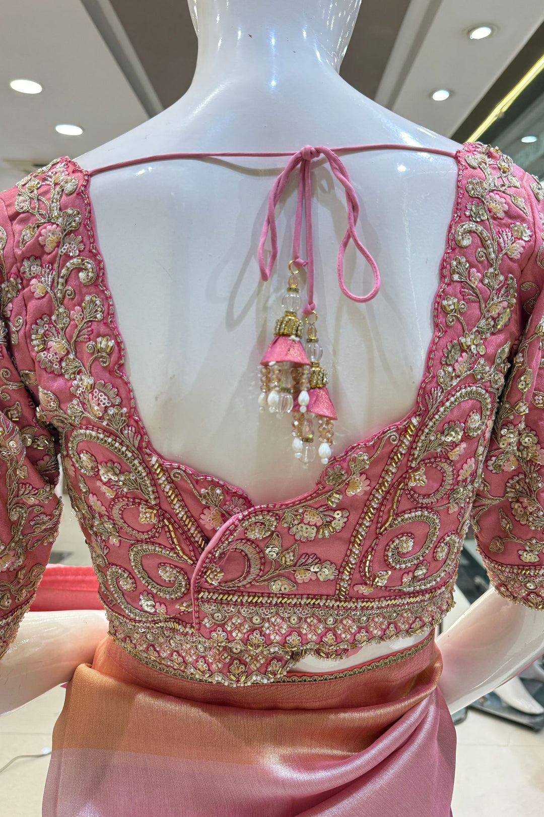 Baby Pink Saree with Beads, Sequins, Zardozi and Zari work Readymade Blouse