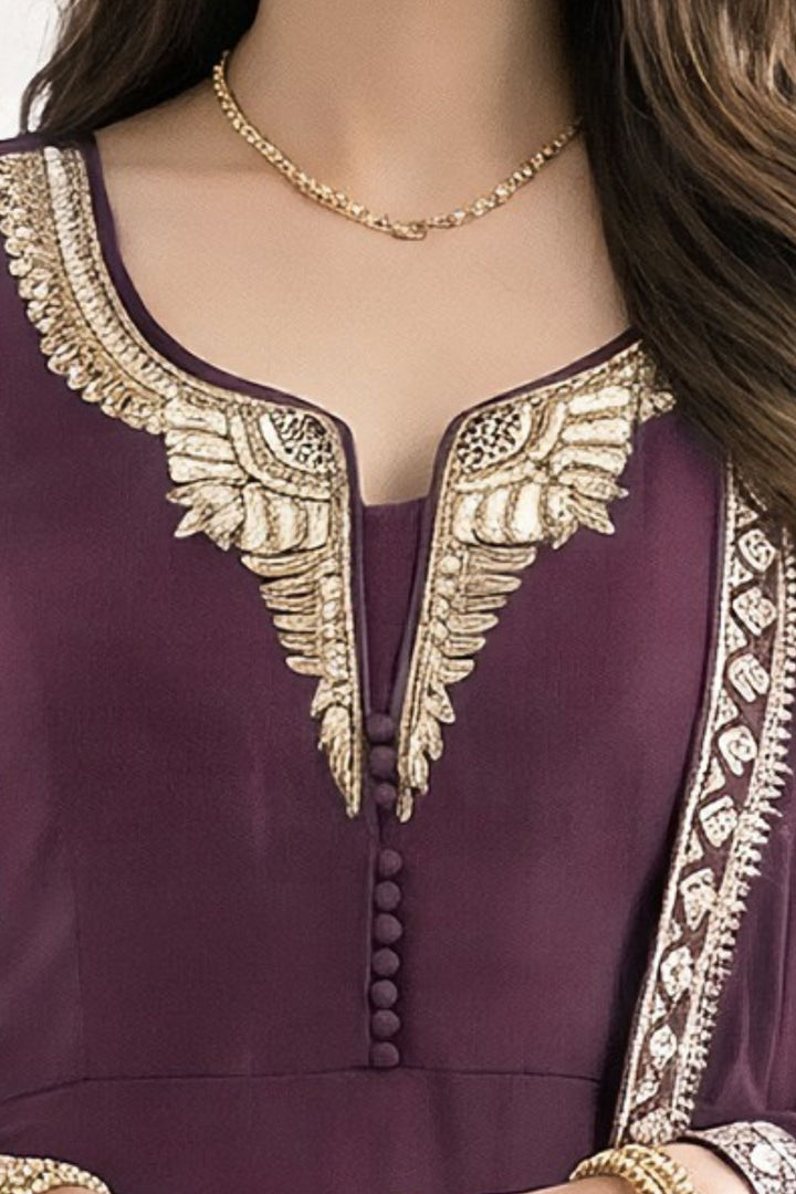 Wine Brocade, Beads and Zardozi work Anarkali Style Salwar Suit with Palazzo Pant