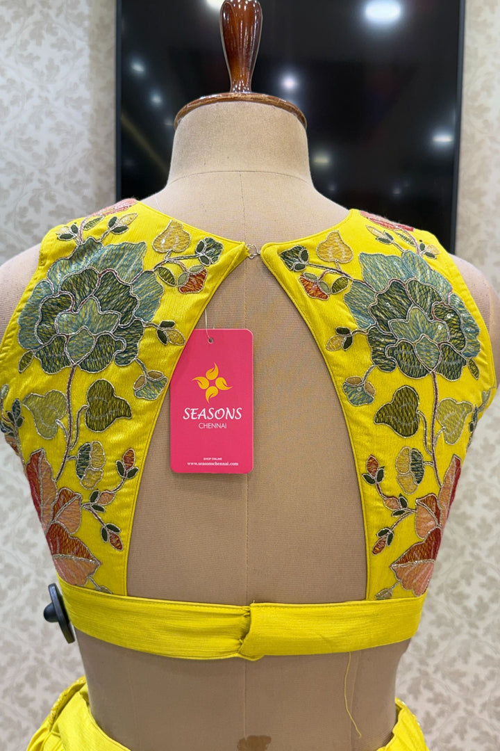 Yellow Multicolor Thread, Beads, Zari Thread and Sequins work Crop Top Lehenga