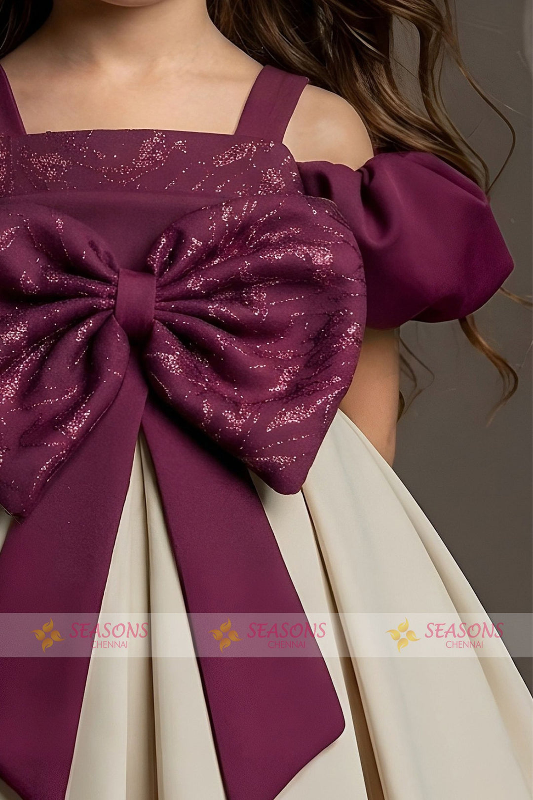 Maroon with Beige Short Partywear Frock for Girls
