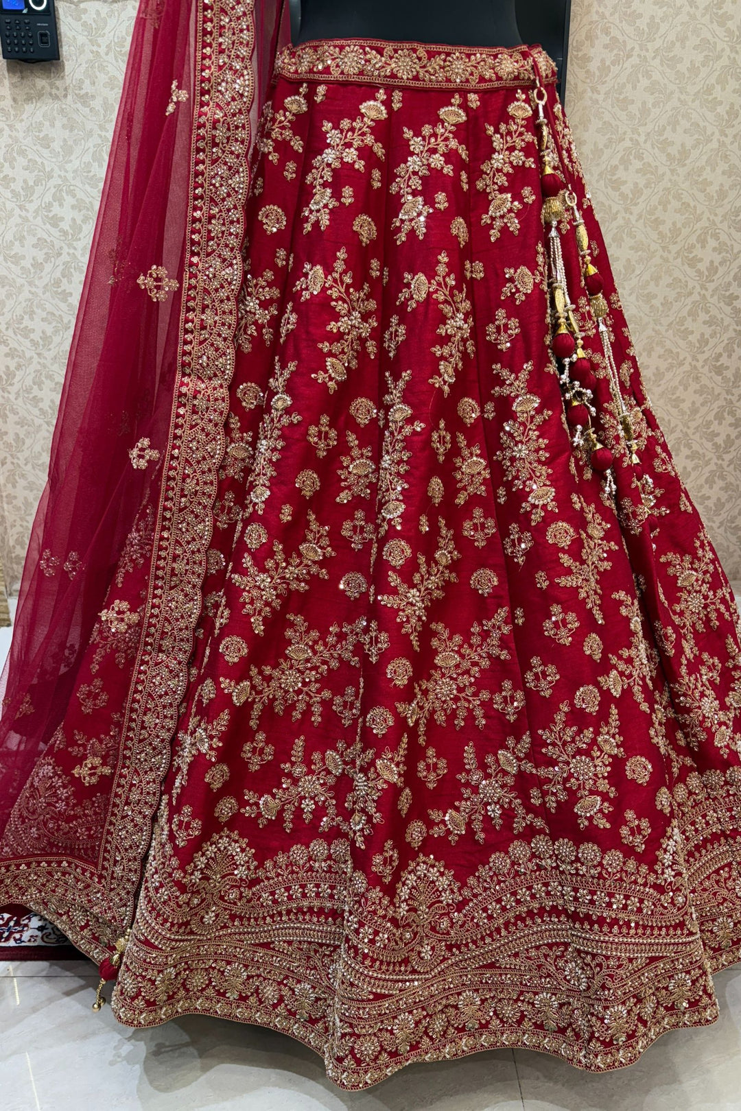 Maroon Beads, Zari, Zardozi and Sequins work Crop Top Designer Bridal Lehenga with Belt