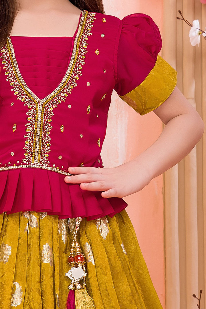 Rani pink with Olive Green Stone, Pearl and Zardozi work Lehenga Choli for Girls