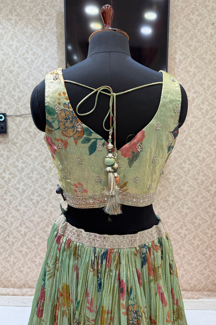 Pista Green Beads, Stone, Mirror and Zari Thread work with Floral Print Crop Top Lehenga