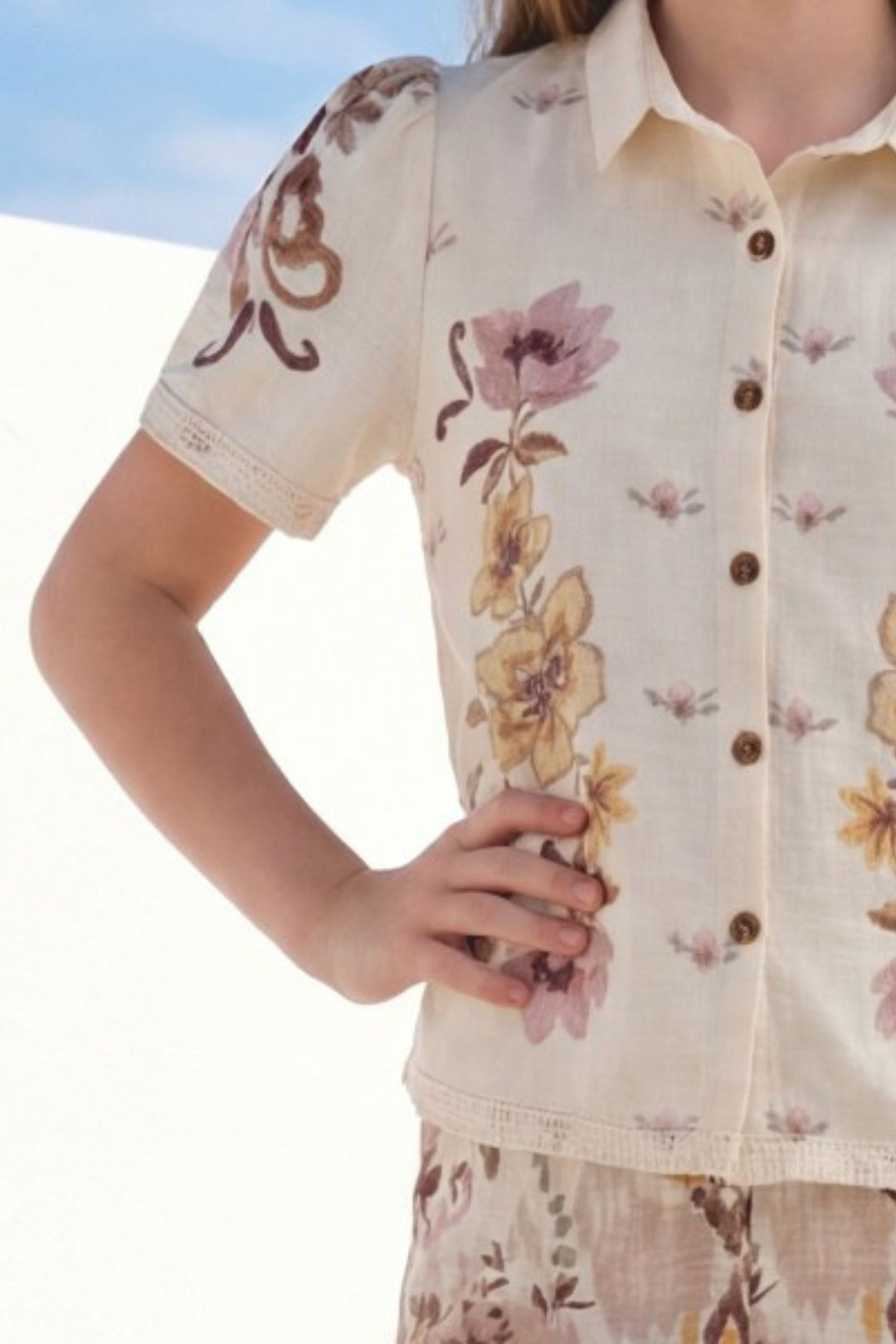 Cream with Floral Print Co-ord Set for Girls